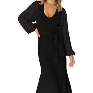 Women's Black Sheer Sleeve Sweater Dress Tie Waist Knit Midi Dress